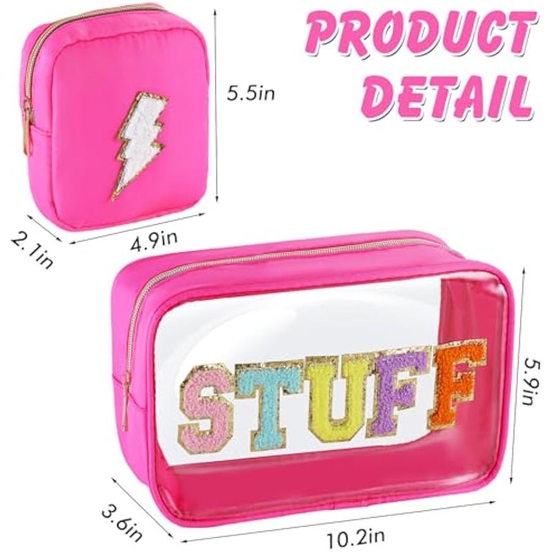 يورسكيتووس شنطة من قماش الشانيل بتصميم حروف مصنوعة من النايلون ومزودة برقعة بريبي مع سحاب، شنطة صغيرة شفافة من بلاستيك بي في سي مضادة للماء لتنظيم ادوات الزينة للبنات (روز)، وردي، قطعتين - Image 5